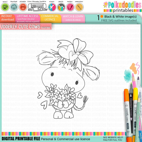 Udderly Cute Bunches of Love - Udderly Cute cow valentine's romance love friendship digital stamp printable, a black and white line art of a cute cow holding a bouquet of flowers with a large bow and a big flower on its head, suitable for card making, scrapbooking, junk journaling, and craft projects.