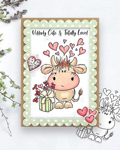 Udderly Cute Heartfelt Wishes, cute cow with hearts and gift box, romantic love friendship Valentine card printable clipart for craft projects.