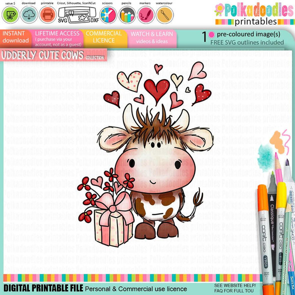 Udderly Cute Heartfelt Wishes - Udderly Cute cow Valentine's Day clipart, featuring a adorable cartoon cow with hearts and a gift, suitable for card making, scrapbooking, junk journals, SVGs, craft stickers, and planners.