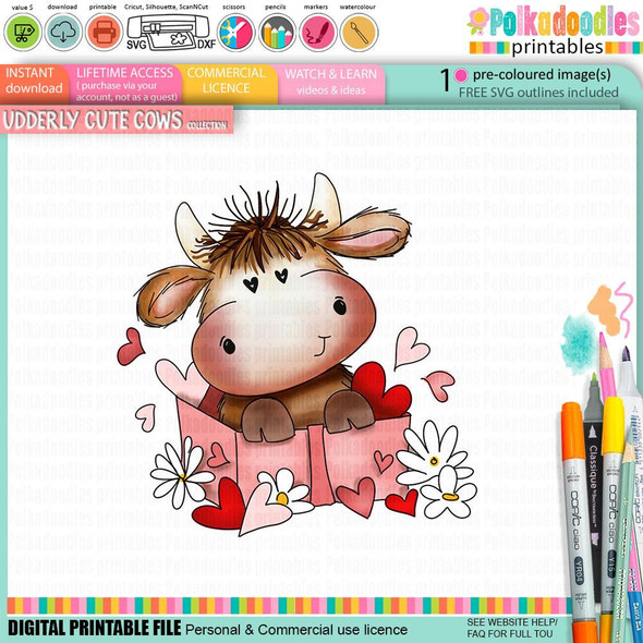 Udderly Cute Lovely gift - Cow Valentine love friendship printable clipart for card making, scrapbooking, junk journal, SVG, craft stickers, and planners, featuring a cute illustrated cow inside a pink box with hearts and flowers.