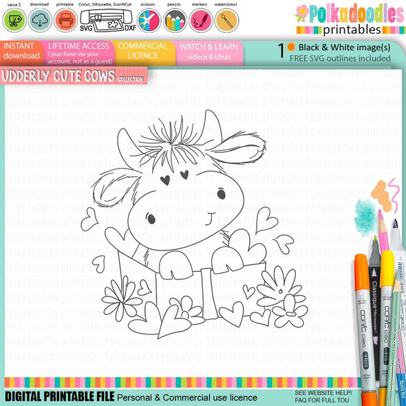 Udderly Cute Lovely Gift - Udderly Cute cow valentine's romance love friendship digital stamp printable for card making, scrapbooking, junk journal, svg, craft stickers, and planners, featuring a cute cow surrounded by hearts and flowers in a line drawing style.