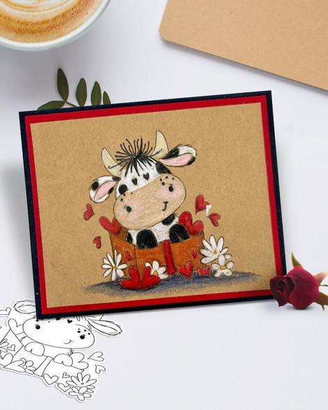 Udderly Cute Lovely Gift - Udderly Cute cow Valentine's romance love friendship digital stamp printable for card making, scrapbooking, junk journal, SVG, craft stickers & planners, featuring a cute cartoon cow with hearts, surrounded by flowers on a greeting card.