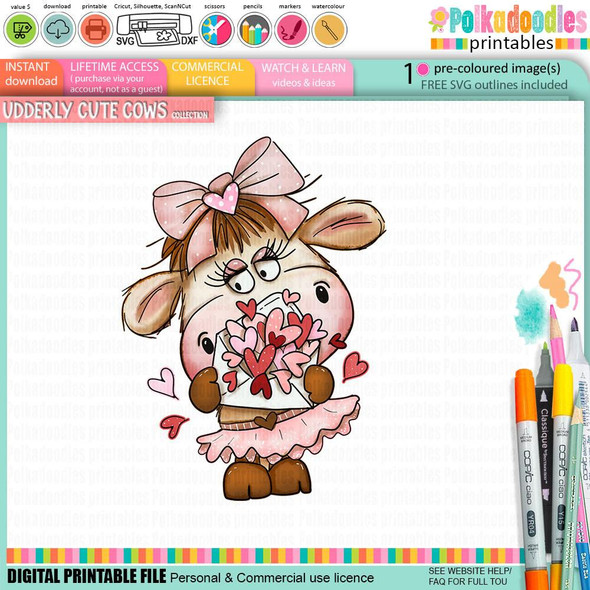 Udderly Cute Sending Love - Udderly Cute cow valentine's romance love friendship printable clipart for Card Making, Scrapbooking, Junk Journal, svg, craft stickers & planners, featuring a cute brown and pink cow holding a bouquet of pink and red hearts, with large expressive eyes and a pink bow on its head.