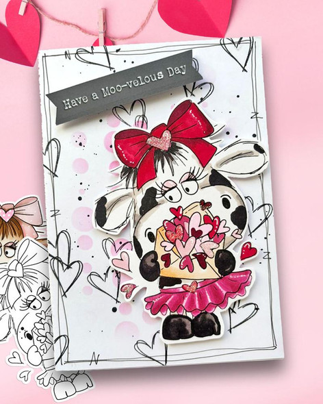 Udderly Cute Sending Love - Udderly Cute cow valentine's romance love friendship printable clipart for Card Making, Scrapbooking, Junk Journal, svg, craft stickers & planners, adorable cow holding a heart with a pink bow on her head and surrounded by love-themed decorations.
