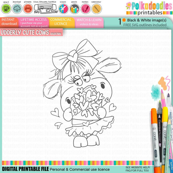 Udderly Cute Sending Love - Udderly Cute cow valentine's romance love friendship digital stamp printable for Card Making, Scrapbooking, Junk Journal, svg, craft stickers & planners, black and white line art of a cute cow holding a bunch of flowers, with a large bow on its head.