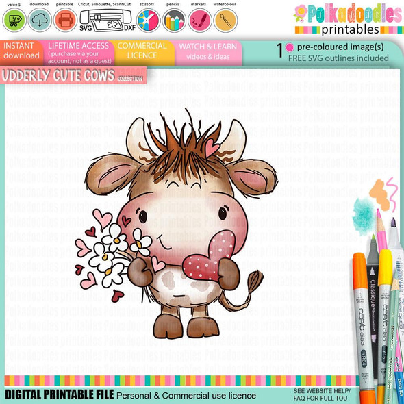Udderly Cute Hearts and Flowers - Udderly Cute cow valentine's romance love friendship printable clipart, a cute cartoon cow holding a red polka-dotted heart and a bouquet of white flowers with pink hearts, perfect for card making, scrapbooking, junk journals, svg, craft stickers, and planners.