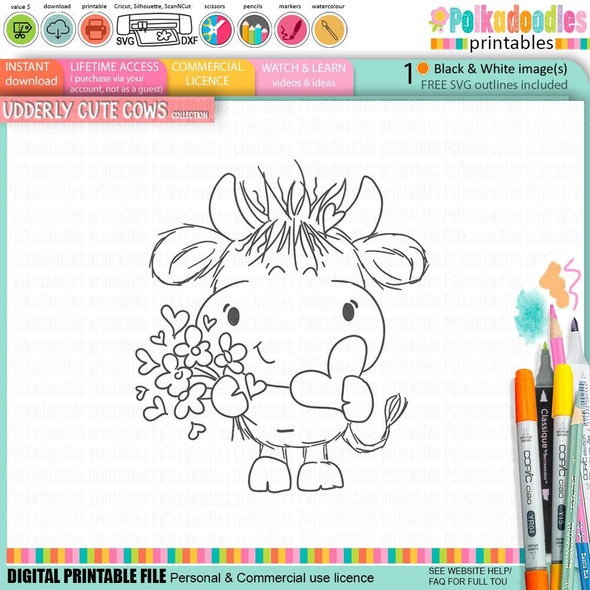 Udderly Cute Hearts and Flowers - Udderly Cute cow Valentine's romance love friendship digital stamp printable for card making, scrapbooking, junk journal, SVG, craft stickers, and planners, featuring a cute cartoon cow holding a bouquet of flowers with hearts.