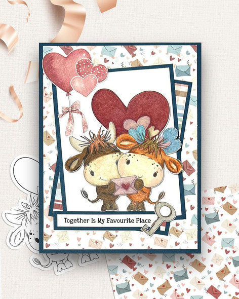 Udderly Cute Just for Moo - Udderly Cute cow Valentine's romance love friendship printable clipart for card making, scrapbooking, junk journal, SVG, craft stickers, and planners -illustration of two cute cows holding a love letter on a romantic Valentine's Day themed background with hearts, balloons, and envelopes.
