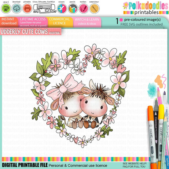 Udderly Cute Together - Udderly Cute cow Valentine’s romance love friendship printable clipart, featuring two adorable cartoon cows surrounded by pink flowers and greenery, suitable for card making, scrapbooking, junk journaling, SVG, craft stickers, and planners.