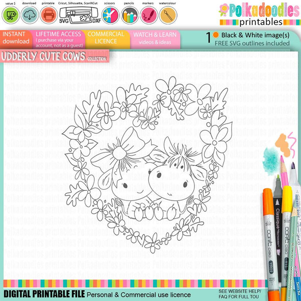 Udderly Cute Together - Udderly Cute cow Valentine's romance love friendship digital stamp printable for card making, scrapbooking, junk journals, SVG, craft stickers, and planners, featuring two cute cows surrounded by a floral heart wreath.