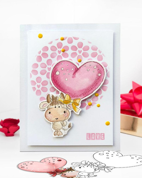 Udderly Cute Big Heart - Udderly Cute cow valentine's romance love friendship printable clipart for Card Making, Scrapbooking, Junk Journal, svg, craft stickers & planners, featuring a pink heart with white dots, a cute cartoon cow with a yellow bow, pink floral background, and the word LOVE on a greeting card.