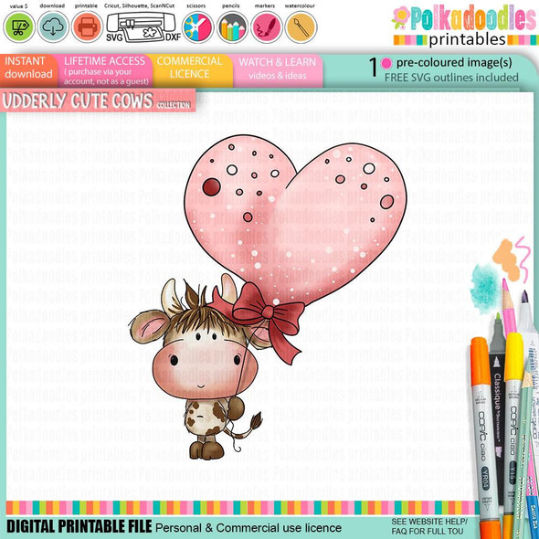 Udderly Cute Big Heart - Cow Valentine's Romance Love Friendship Printable Clipart, cute cartoon cow holding a large pink heart-shaped balloon with polka dots and a bow, suitable for card making, scrapbooking, junk journaling, SVG, craft stickers, and planners.