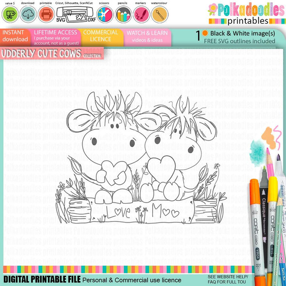 Udderly Cute Love Moo - Udderly Cute cow Valentine's romance love friendship digital stamp printable, featuring two adorable cows holding hearts, sitting on a wooden sign with 'Love' and 'Moo' written on it, surrounded by flowers and grass, designed for card making, scrapbooking, junk journaling, SVG, craft stickers, and planners.