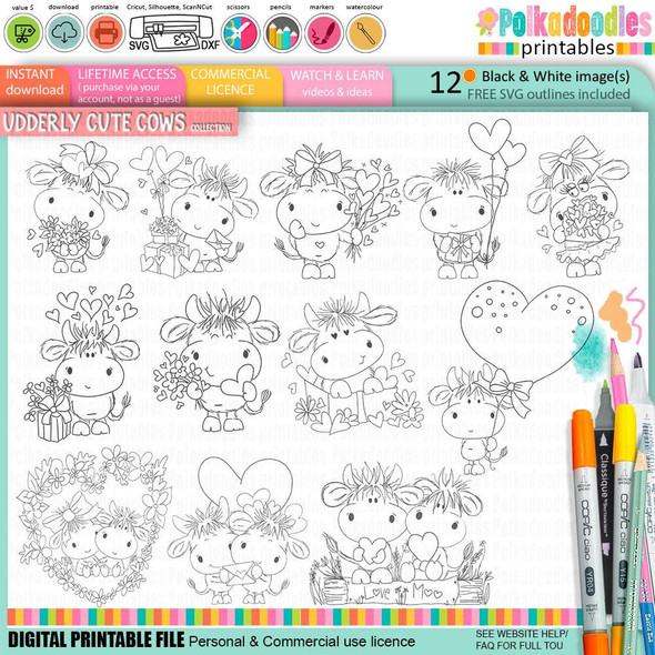Udderly Cute cows - Valentine’s romance love friendship printable clipart, featuring adorable cartoon cows with flowers, hearts, and balloons, designed for card making, scrapbooking, junk journals, SVGs, craft stickers, and planners.