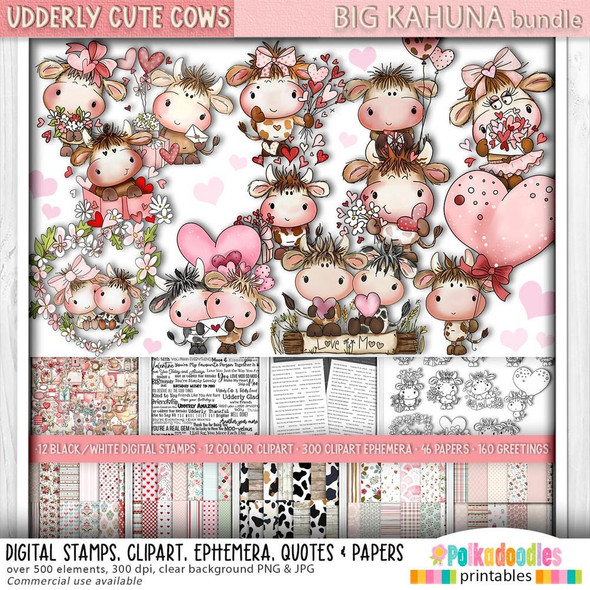 Udderly Cute Cows Love and Friendship BIG KAHUNA Printable Clipart Bundle – 500 Elements, illustration of adorable cartoon cows with hearts, flowers, and love-themed designs for crafting and digital projects.