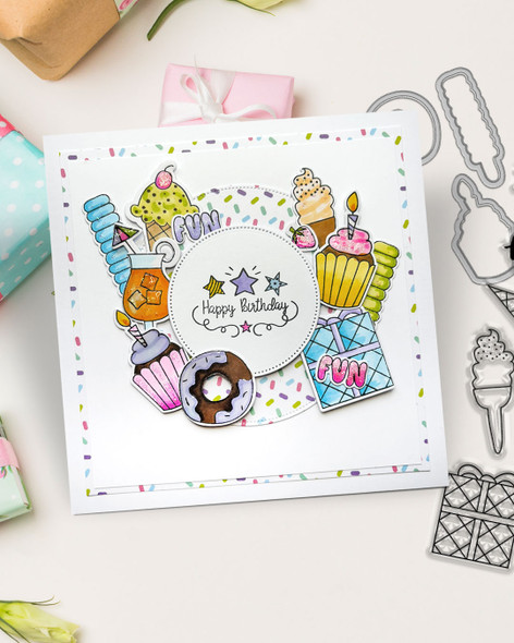 Party Fun Stamps & Outline dies bundle A6/4x6" - Card making, craft supplies, scrapbooking