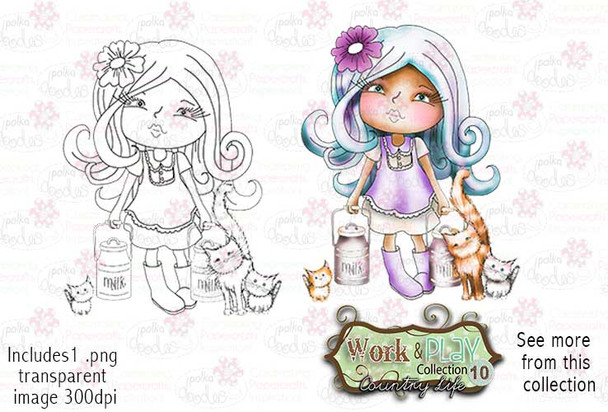 Milking Time with Kitten Digital Stamp - Work & Play 10 Digital Craft Download