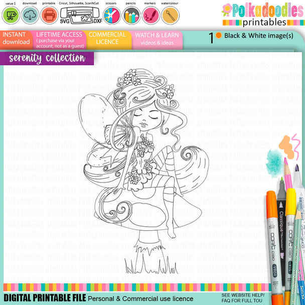 Serenity Fairy Blossom - Digital Crafts, digital Stamp card making printable downloads.