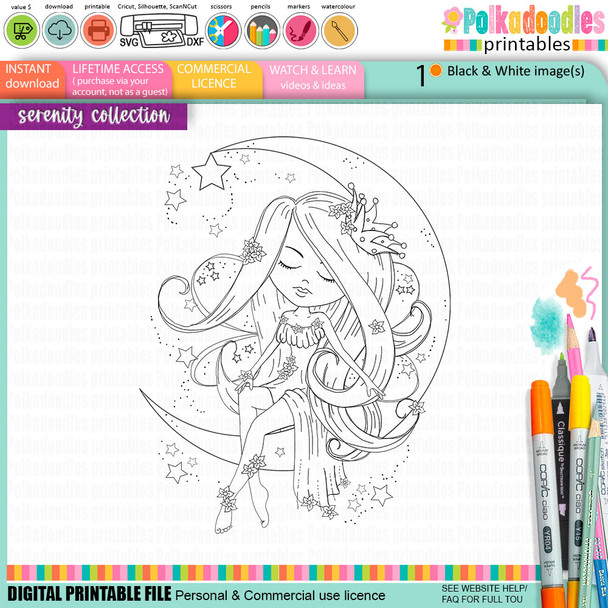 Serenity Fairy Stardust Moon - Digital Crafts, digital Stamp card making printable downloads.