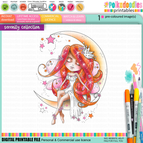 Serenity Fairy Stardust Moon - Digital Crafts, digital Stamp card making printable downloads.
