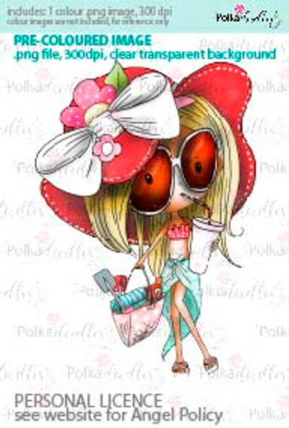 Girl drinking soda pop with a sun hat going to the beach coloured digital stamp/clipart- Winnie Special Moments...Craft printable download digital stamps/digi scrap kit