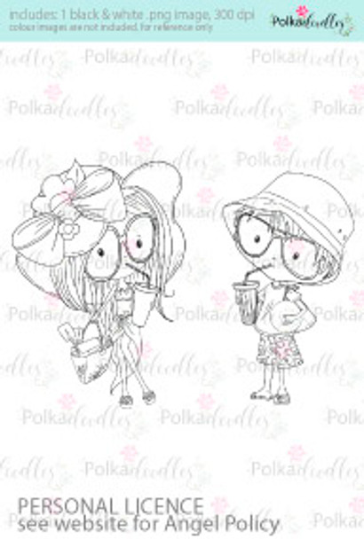 Girl and Boy drinking soda pop with a sun hat going to the beach coloured digital stamp/clipart- Winnie Special Moments...Craft printable download digital stamps/digi scrap kit