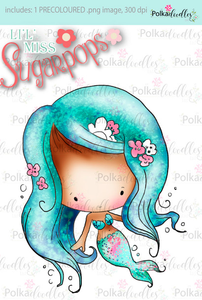 Lil Miss Mermaid precoloured digi stamp - Lil Miss Sugarpops 3...Craft printable download digital stamps/digi scrap