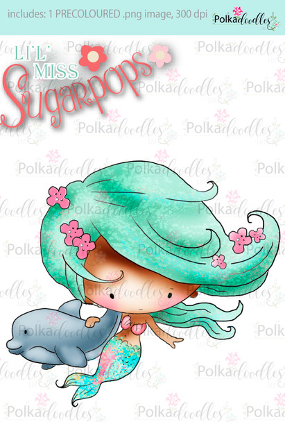 Lil Miss Mermaid dolphin precoloured digi stamp - Lil Miss Sugarpops 3...Craft printable download digital stamps/digi scrap