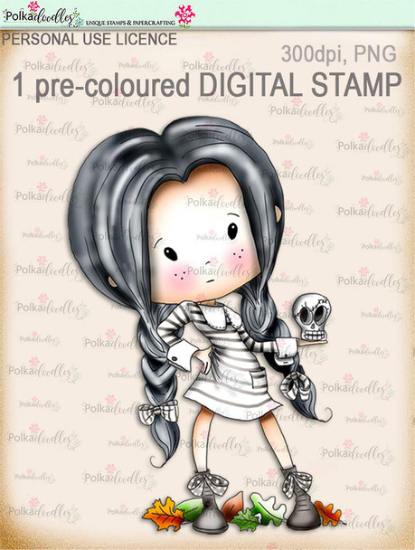 Winnie Wednesday skull Digi stamp Printable download Halloween Trick or Treat  - Digital Stamp download printable clipart.