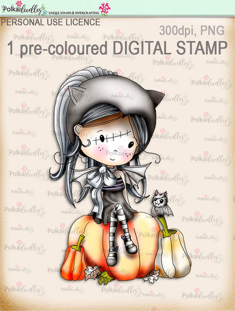 Winnie Wednesday Bat Girl Digi  precoloured stamp Printable download Halloween Trick or Treat  - Digital Stamp download printable clipart.