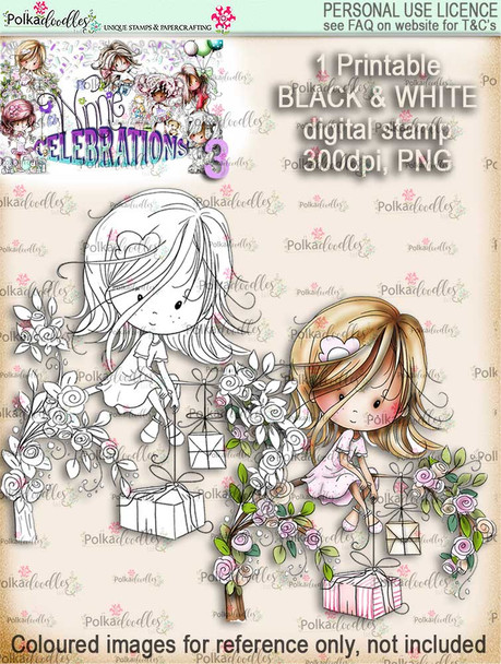 Winnie Celebrations 3...Surprise, Gifts, presents, tree, branch, black & white digi stamp printable download