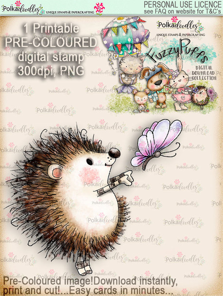 Earlie Hedgehog Butterfly - Fuzzypuffs COLOUR digi stamp printable download