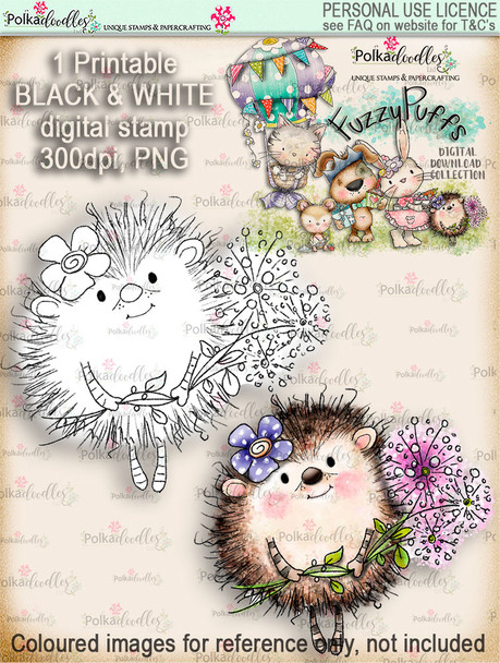 Earlie Hedgehog Dandelion - Fuzzypuffs digi stamp printable download