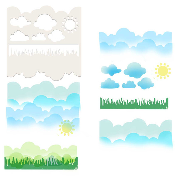 Grass, Clouds, Sun Great Outdoors 6 x 6"stencil for crafts, card making, scrapbooking.