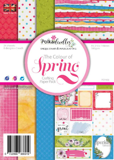 Colours of Spring A5 paper pack. Lovely A5 size paper pack for cardmaking. 21 x 15cm, 24 sheets - 8 designs x 3 of each on 250gsm cardstock. Made in the UK, fabulous quality.