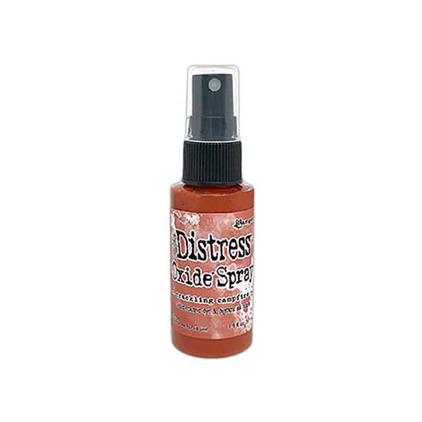 Crackling Campfire Distress Oxide Spray ink - Tim Holtz. Tim Holtz Distress¬¨√Ü Oxide¬¨√Ü Spray is a dye and pigment ink fusion that creates oxidized effects when sprayed with water. Use for quick and easy ink coverage on porous surfaces. Spray through stencils, layer colors, spritz with water and watch the color mix and blend.

2oz bottle