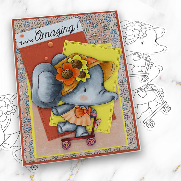 Agnes Elephant Scooter - Precoloured digi stamp, SVG/DXF Cutting File