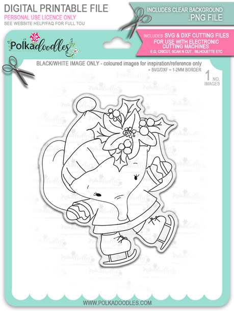 Agnes Elephant Ice Skating - Christmas Holiday Too Cute digital stamp download including SVG file