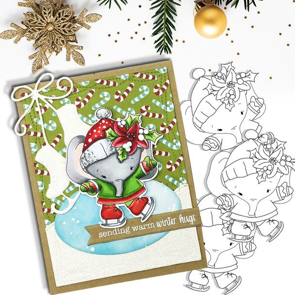 Agnes Elephant Ice Skating - Christmas Holiday Too Cute digital stamp download including SVG file