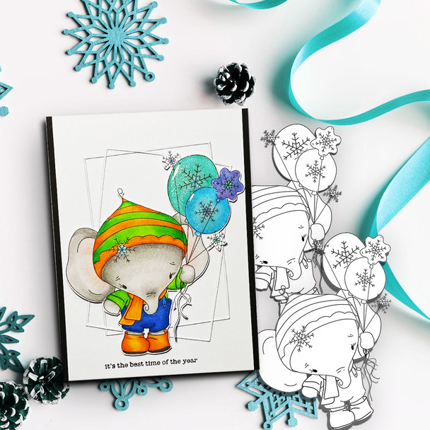 Eli Elephant with Snowflake Balloons - Christmas Holiday Too Cute digital stamp download including SVG file