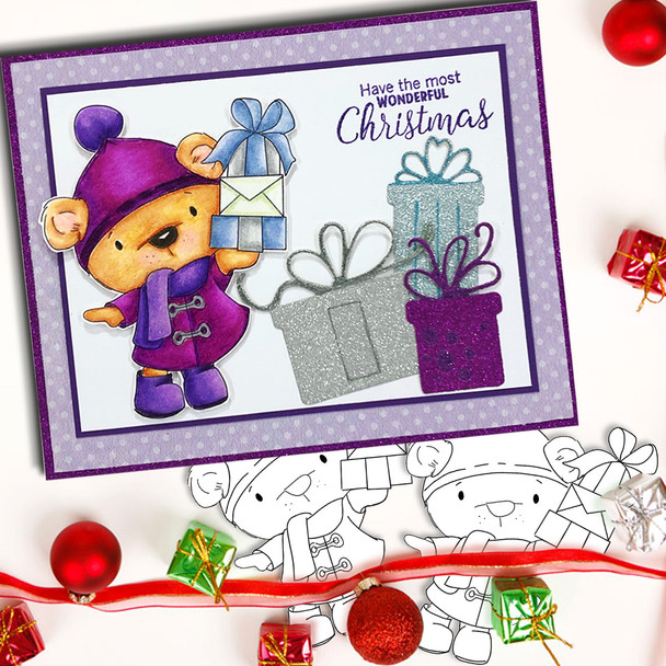Bella Bear with lots of Parcels/Gifts - Christmas Holiday Too Cute digital stamp download including SVG file