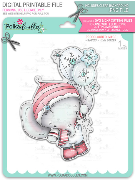 Eli Elephant with Snowflake Balloons - Christmas Holiday Too Cute digital stamp download including SVG file