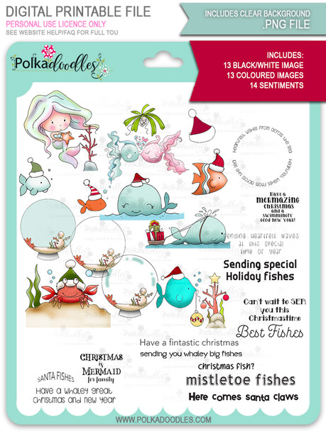 Too Cute Christmas Fishes Bundle - Holiday digital stamp downloads