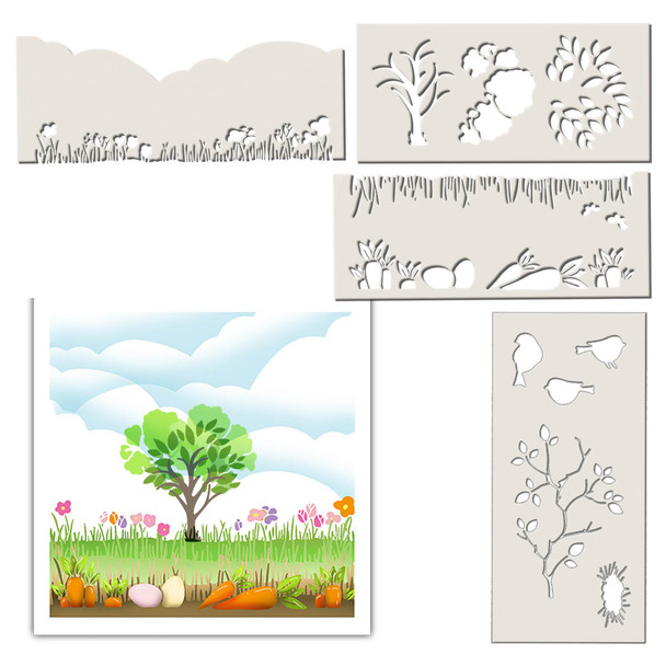 craft cardmaking scrapbooking border stencil Features a row of grass on one side and clouds and landscape on the other side examples of other stencils that match to create a scene