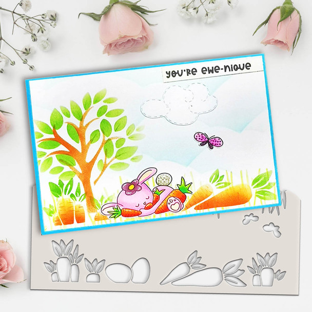 card with sleeping bunny rabbit and flower border stencil
