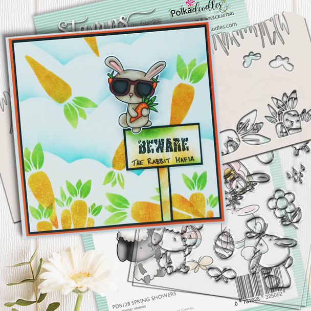 card with bunny rabbit and flower border stencil