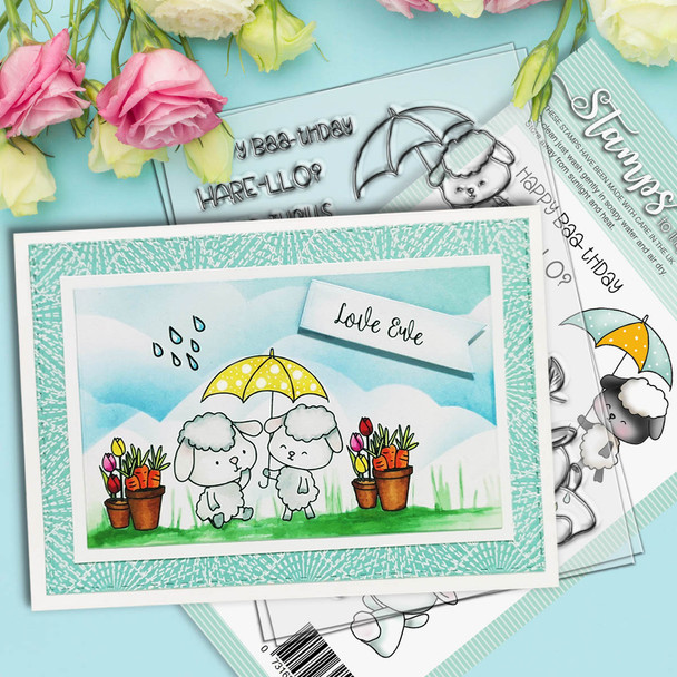 card with lambs and flower border stencil