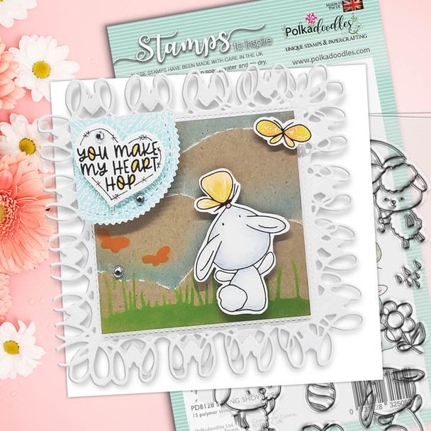 card with bunny rabbit and flower border stencil on kraft card