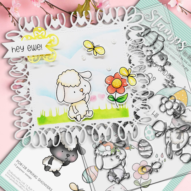card with lamb and flower border stencil