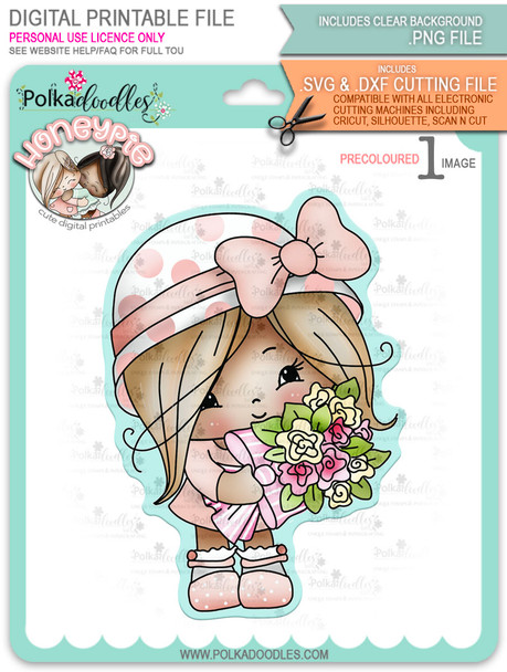 Honeypie Sweet Bouquet Flowers - light skin/hair precoloured digital stamp printable download with free SVG /DXF file included